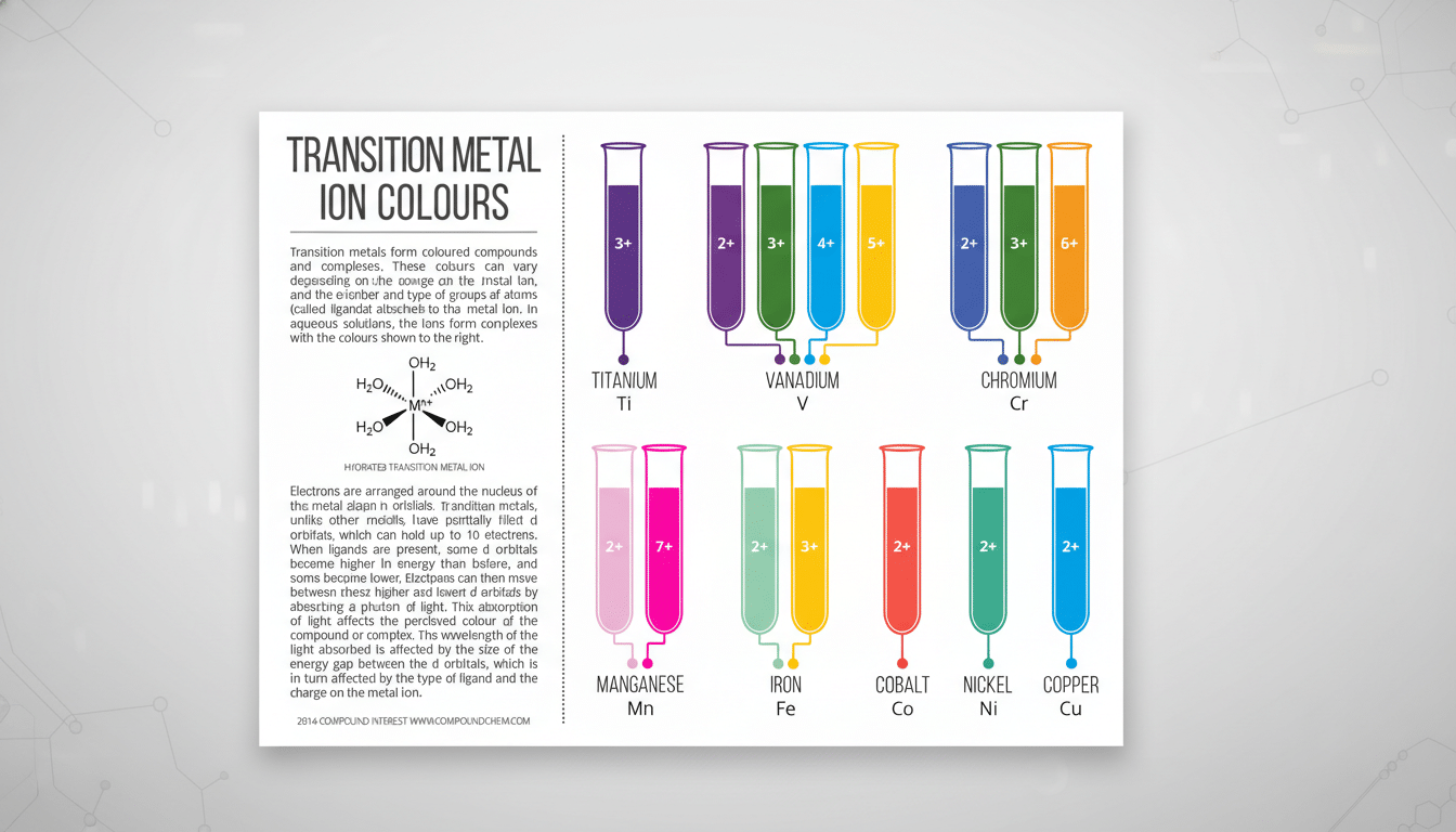 An infographic titled Transition Metal Ion Colours displays various test tubes with different colored solutions, each labeled with a metal element (Titanium, Vanadium, Chromium, Manganese, Iron, Cobalt, Nickel, Copper) and an ion charge. The infographic also includes text explaining how transition metals form colored compounds and complexes, and a diagram of a hydrated transition metal ion. The background has been updated to a professional flat design with soft patterns.