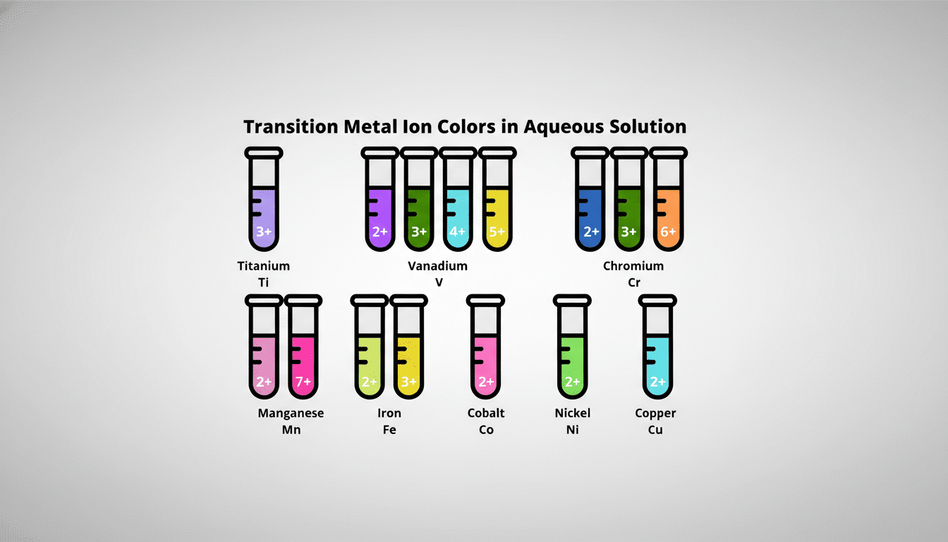 A diagram showing the colors of various transition metal ions in aqueous solution, presented in test tubes with their respective charges.