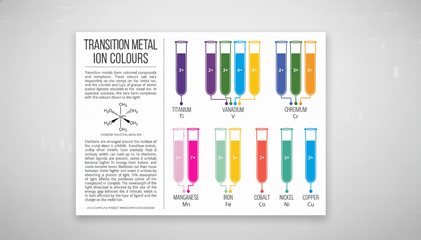 A professional infographic titled Transition Metal Ion Colours displaying various test tubes with different colored solutions, each representing a transition metal (Titanium, Vanadium, Chromium, Manganese, Iron, Cobalt, Nickel, Copper) and its corresponding ion charge. The infographic also includes explanatory text about how transition metals form colored compounds and the electronic structure of transition metal ions.