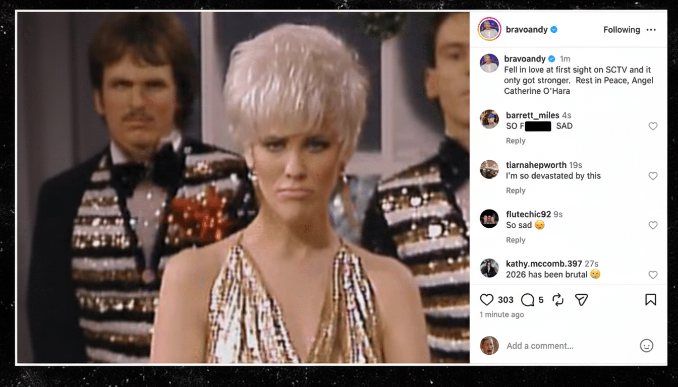 A screenshot of an Instagram post by bravoandy featuring a woman with short blonde hair and a gold sequined dress, looking displeased, with two men in the background. The posts caption expresses sadness over the passing of Catherine OHara.
