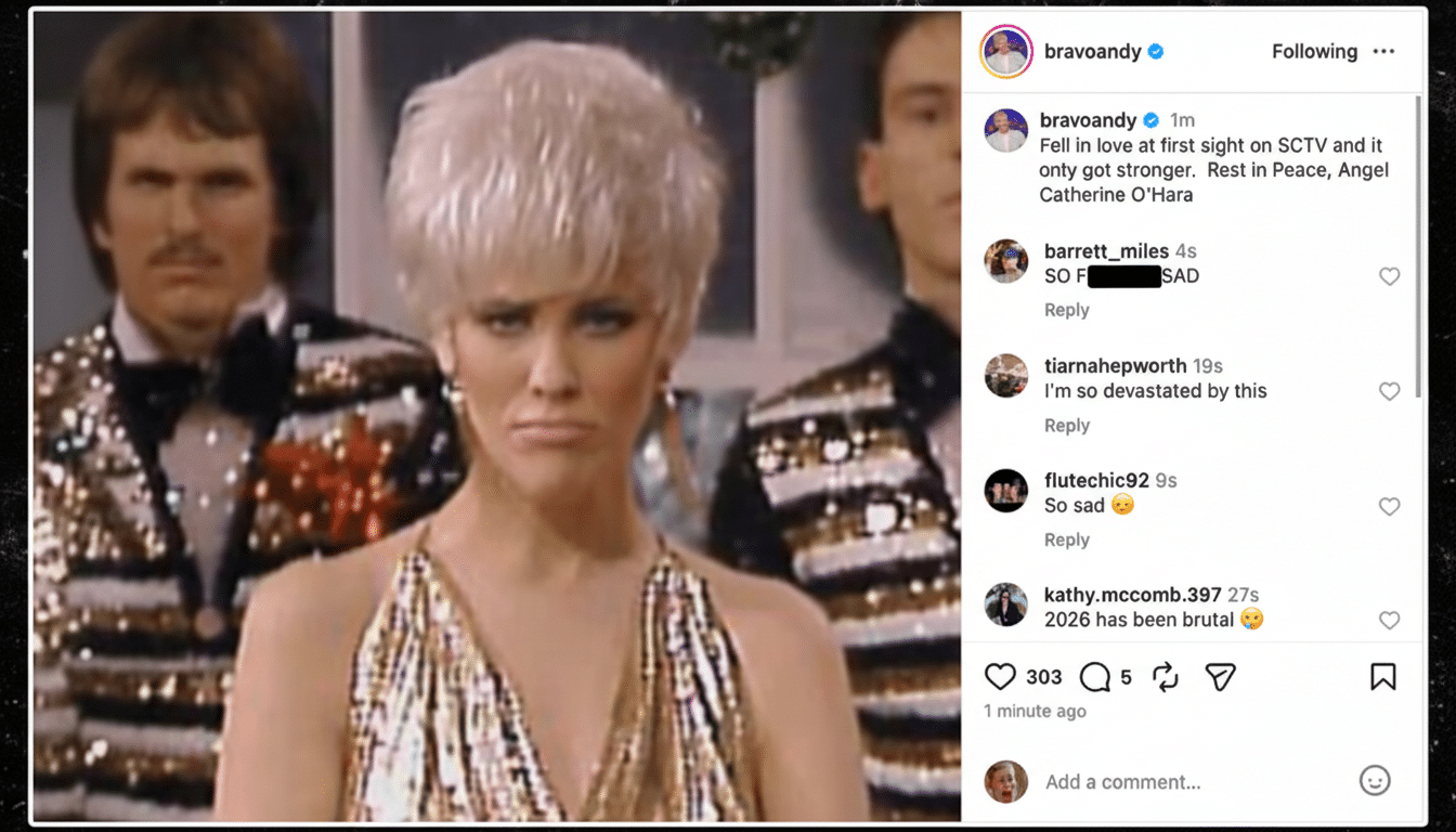 A screenshot of an Instagram post by bravoandy, featuring a woman with short blonde hair and a gold sequined dress, looking displeased. In the background, two men in sequined jackets are visible. The posts caption expresses love for Catherine OHara and sadness over her passing.