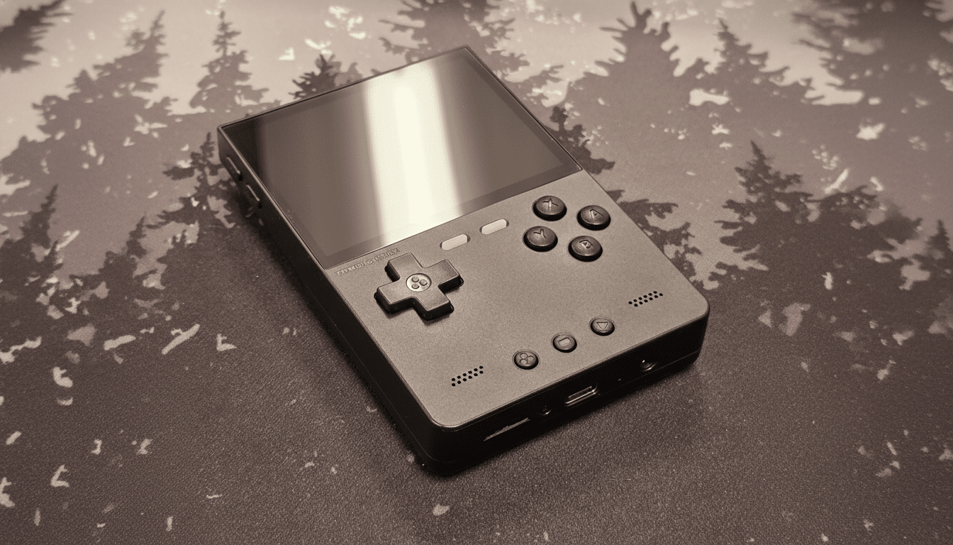 A black handheld gaming device with a blank screen and various buttons, including a directional pad and action buttons, resting on a dark surface with a subtle, light-colored tree pattern.