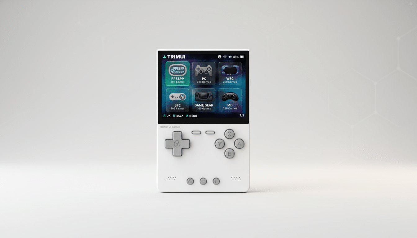 A white handheld gaming device with a screen displaying various emulator options, set against a professional flat design background with soft hexagonal patterns.
