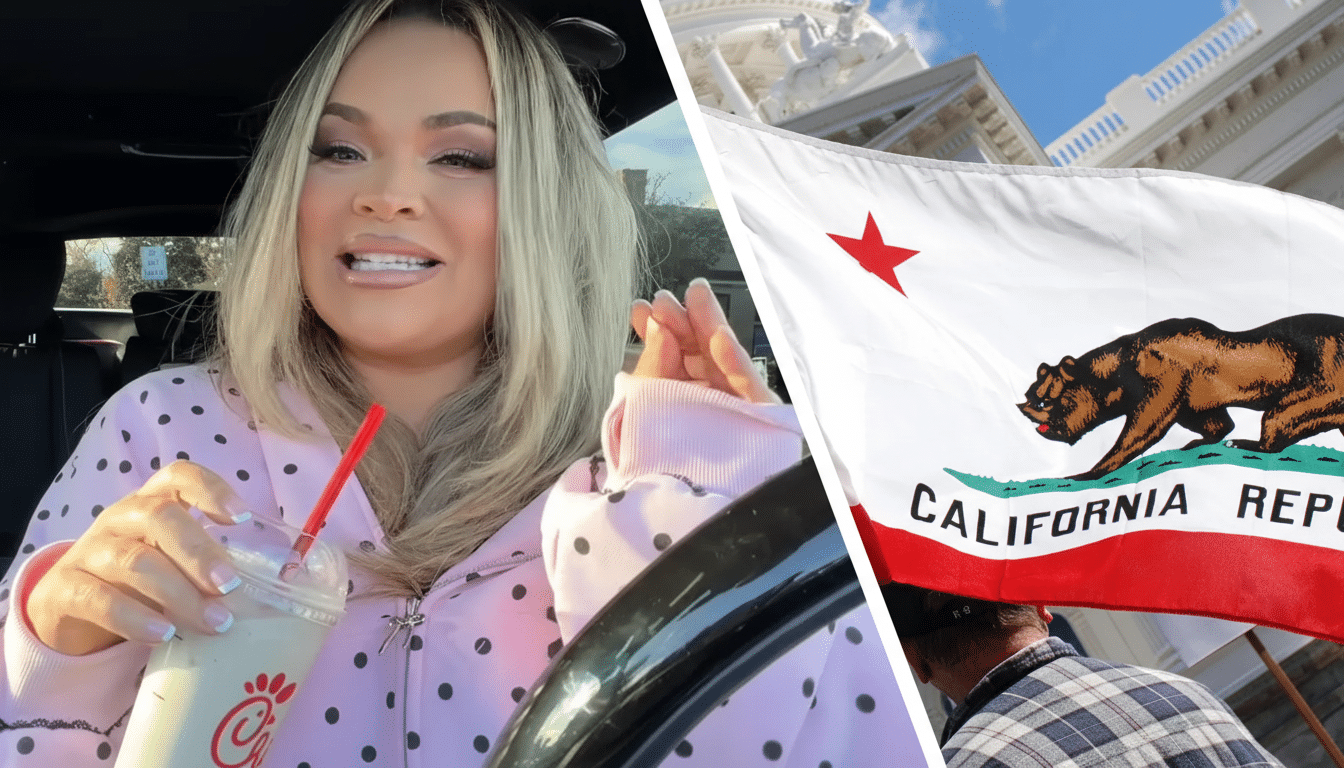 A split image showing a woman in a pink polka-dot top holding a drink on the left, and a California Republic flag with a building in the background on the right.