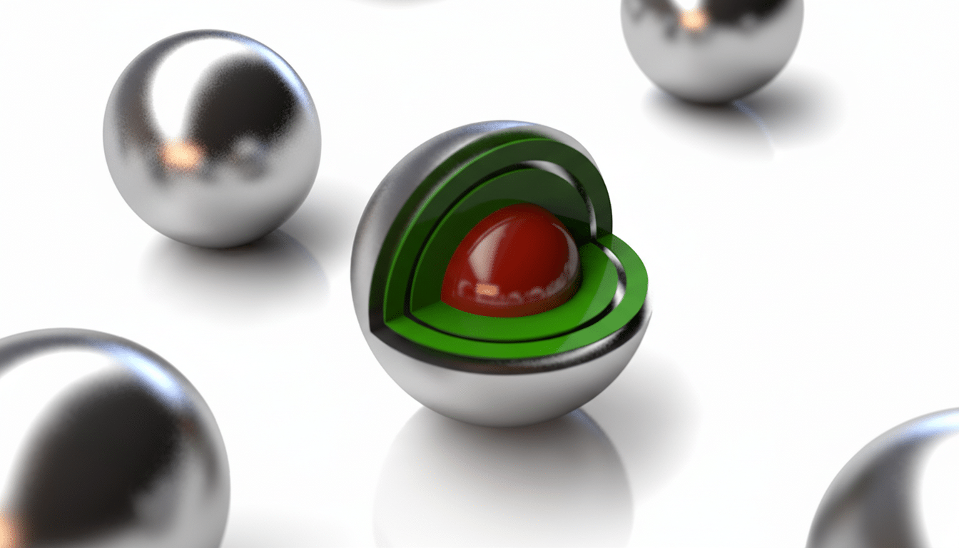 A 16:9 aspect ratio image showing a silver sphere cut in half to reveal a green layered interior with a red core, surrounded by other silver spheres on a white background.