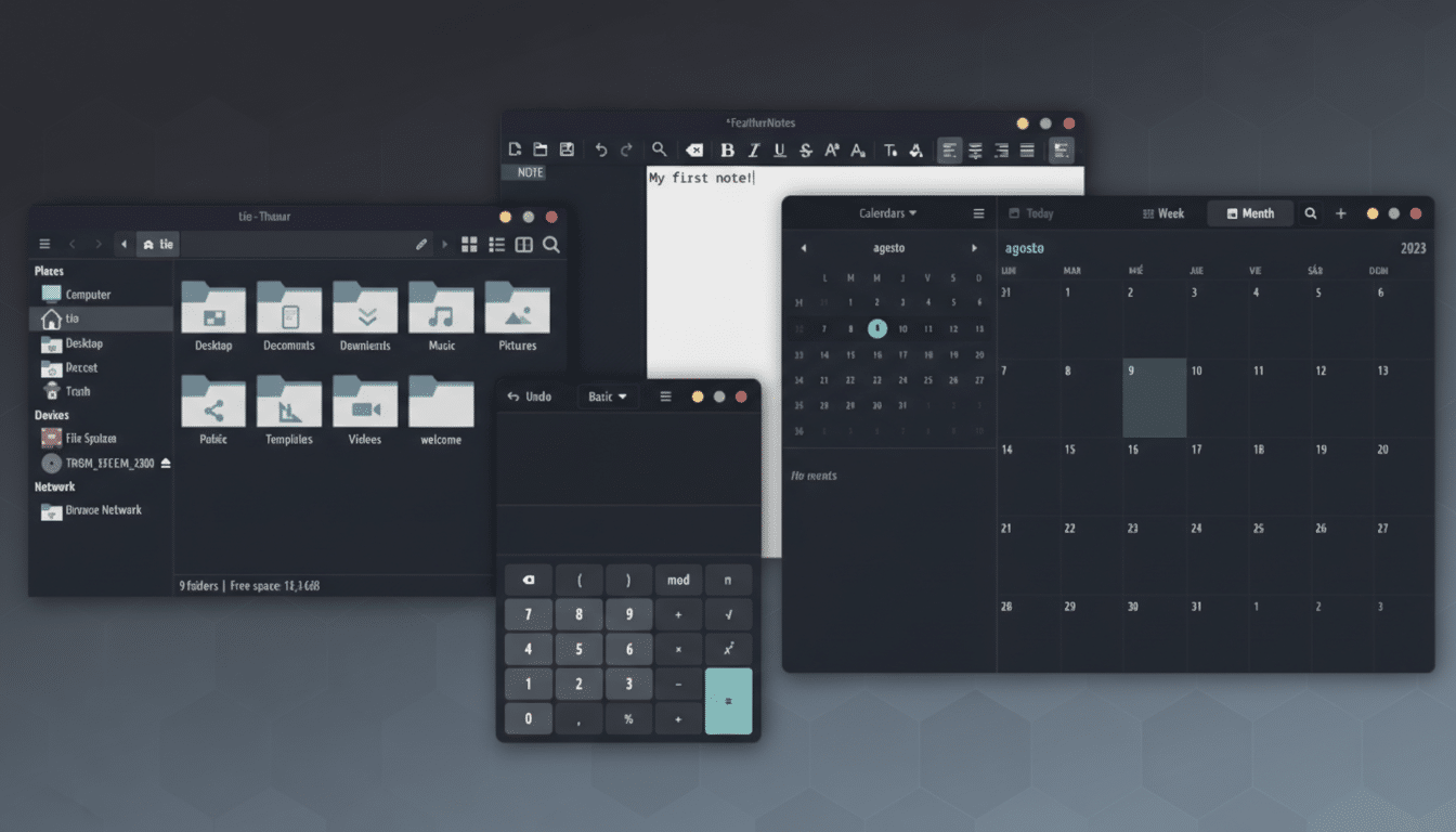 A professional, enhanced image of multiple dark-themed desktop application windows, including a file manager, a note-taking app, a calculator, and a calendar, all arranged on a subtle gradient background.