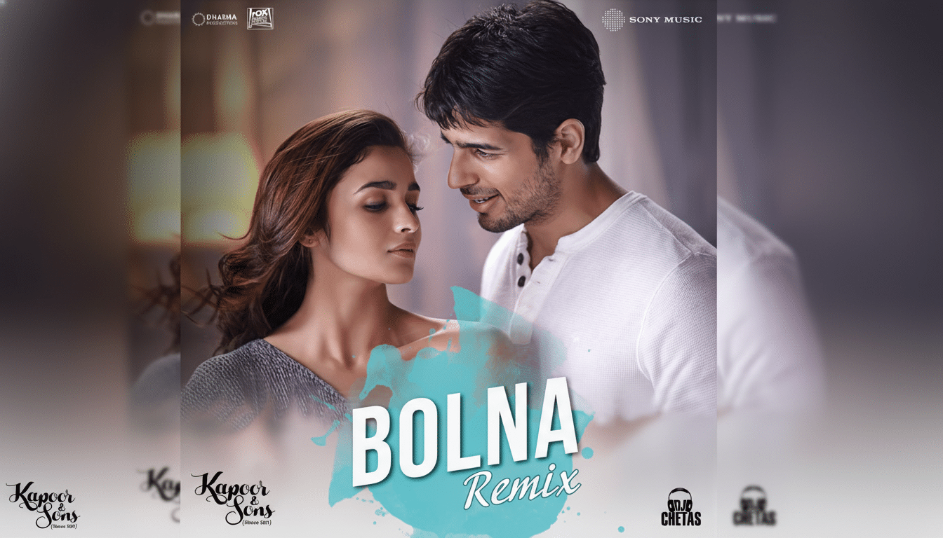 A 16:9 aspect ratio image of the Bolna Remix album cover, featuring a man and a woman looking at each other, with the song title in large white letters over a blue splash. The original background is preserved.