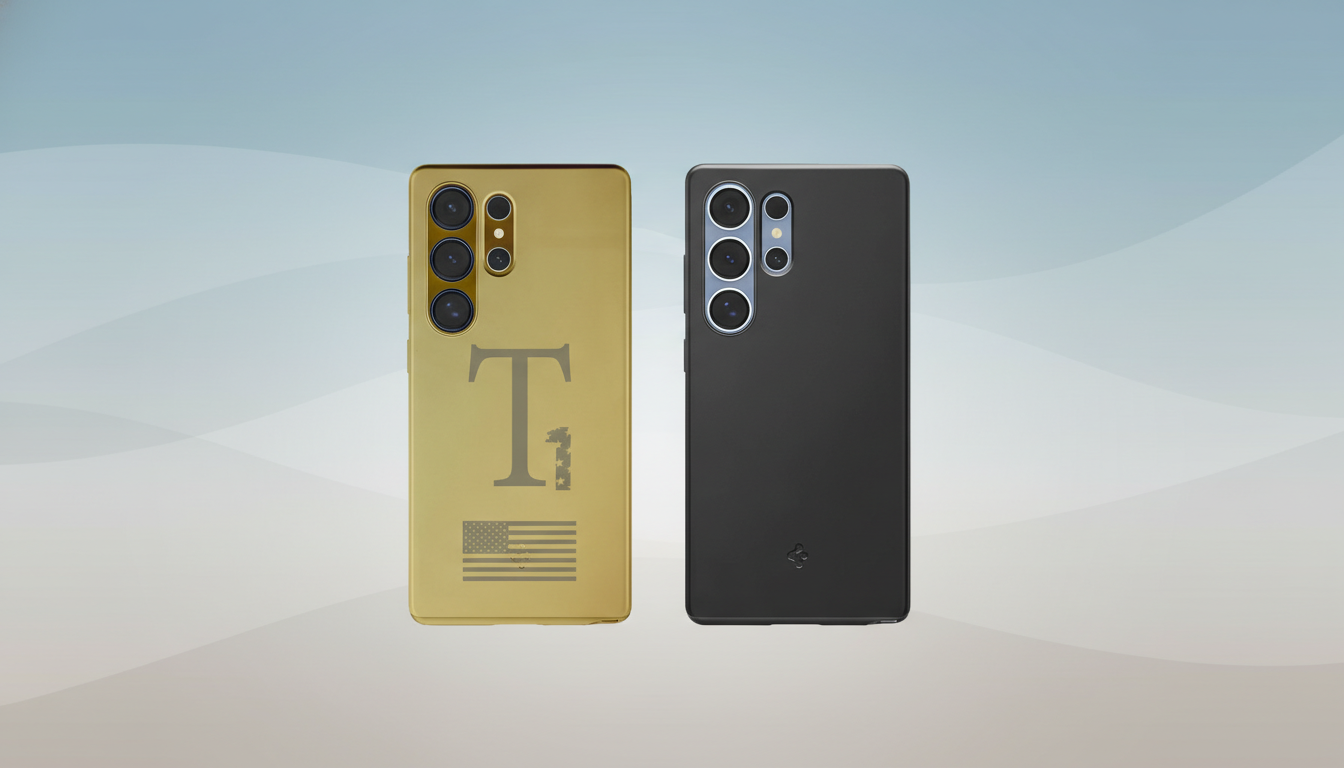 Two smartphones, one gold with an engraved T and American flag, and one black, are displayed side-by-side against a professional flat design background with soft patterns and gradients.