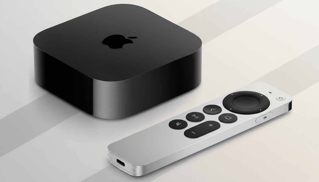 A black Apple TV box and a silver Apple TV remote control are displayed on a professional flat design background with soft patterns.
