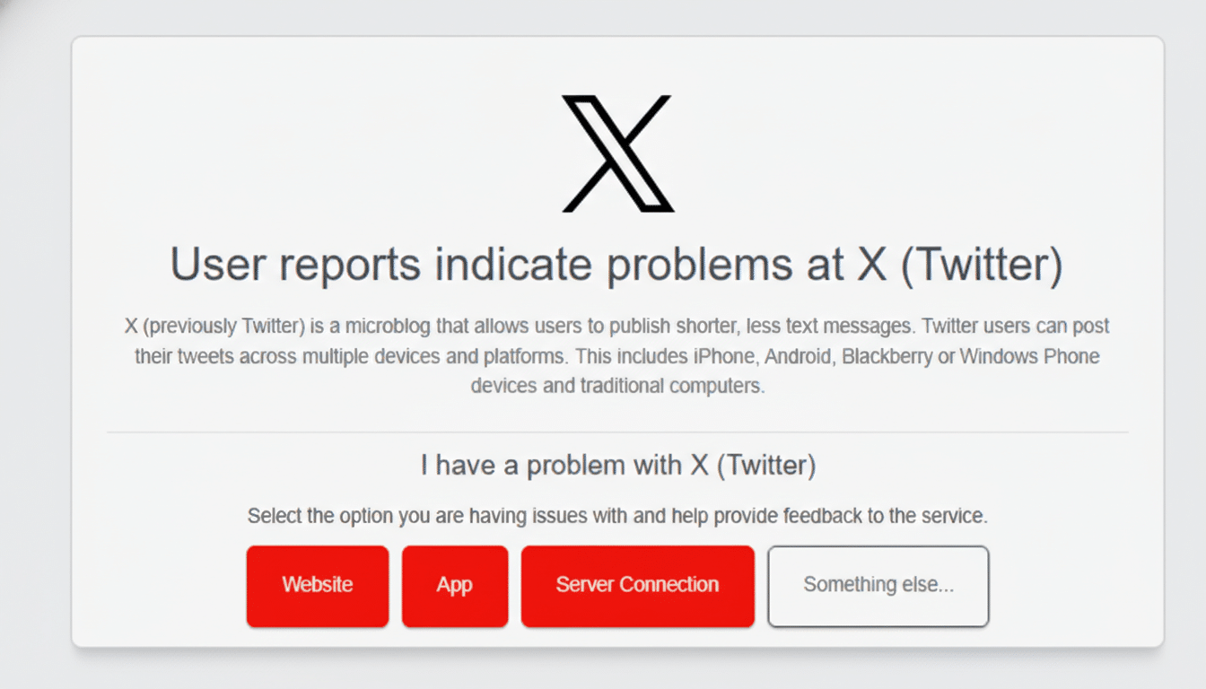 A screenshot of a website reporting problems at X (Twitter), with options to select the type of issue.