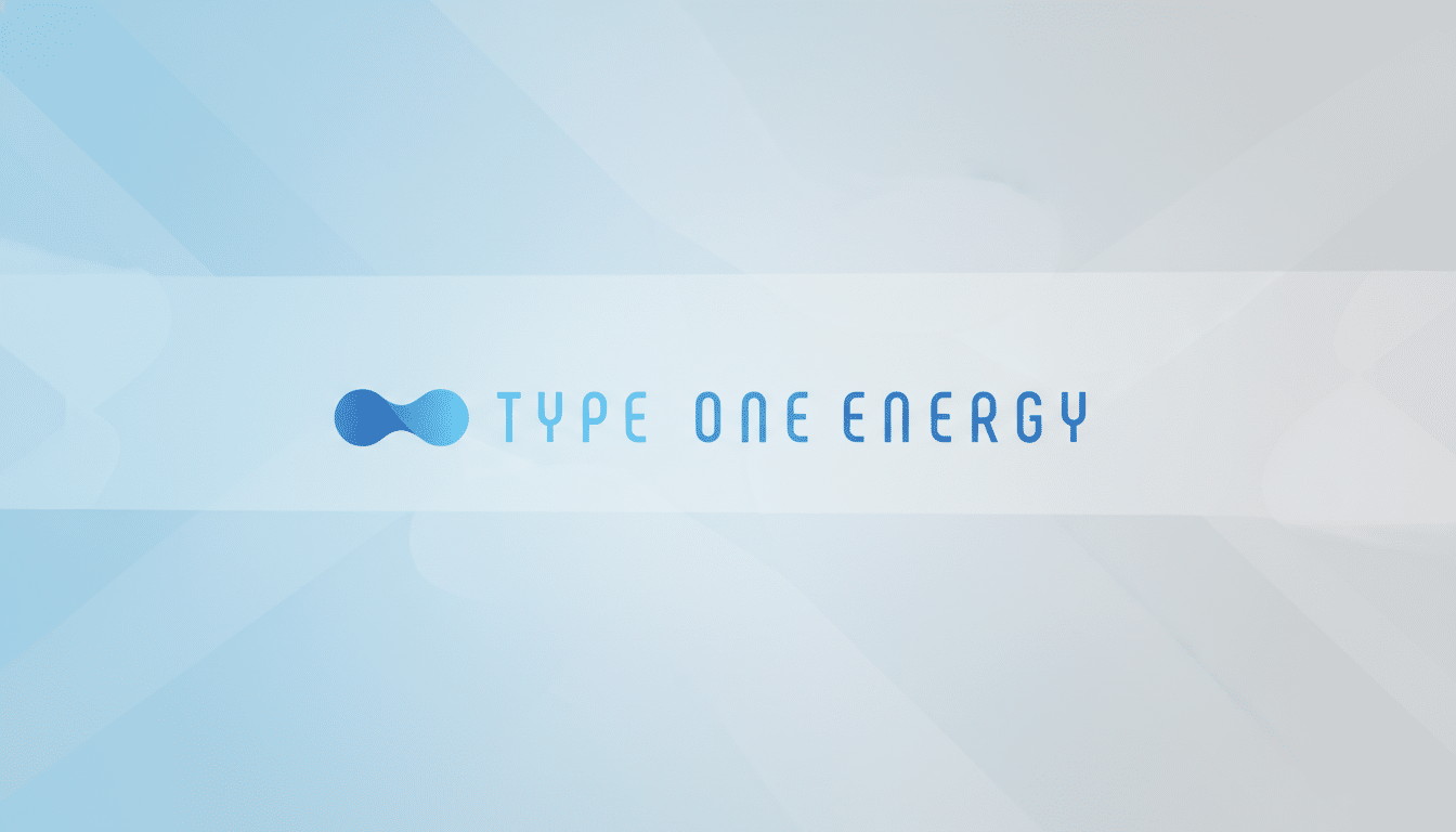 The Type One Energy logo, featuring a blue, horizontally oriented, infinity-like symbol to the left of the words TYPE ONE ENERGY in a sans-serif font, is centered on a light blue and white gradient background with subtle, soft geometric patterns.