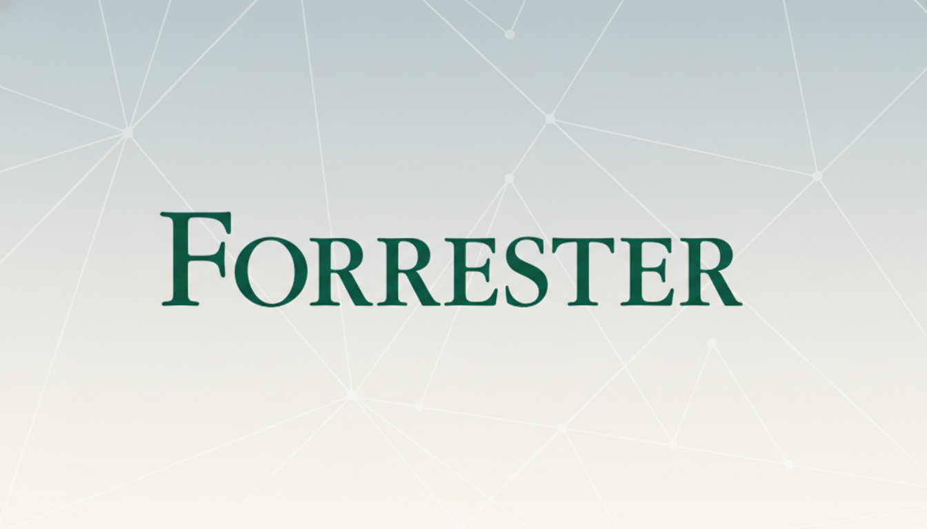 The Forrester logo, in dark green text, centered on a light gray background with a subtle geometric pattern.