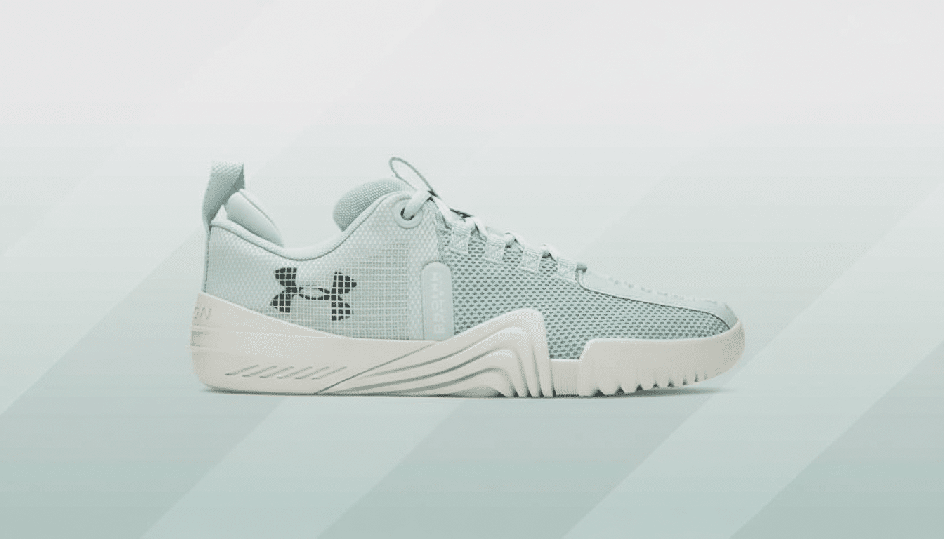 A light blue Under Armour sneaker with a white sole, presented on a professional flat design background with soft blue and grey gradients.