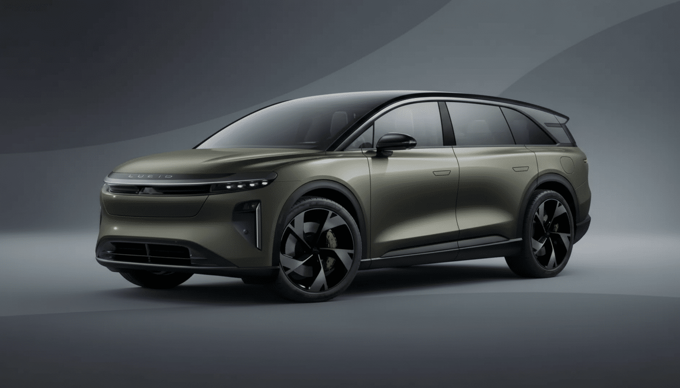 A professional, 16:9 aspect ratio image of a Lucid Gravity SUV in a dark olive green color, presented against a clean, gradient gray background.
