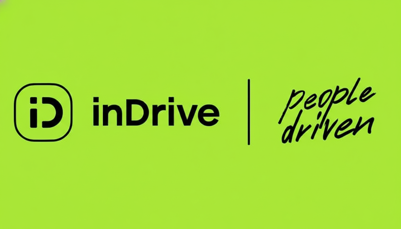 The inDrive logo and people driven text on a vibrant green background, resized to a 16:9 aspect ratio.