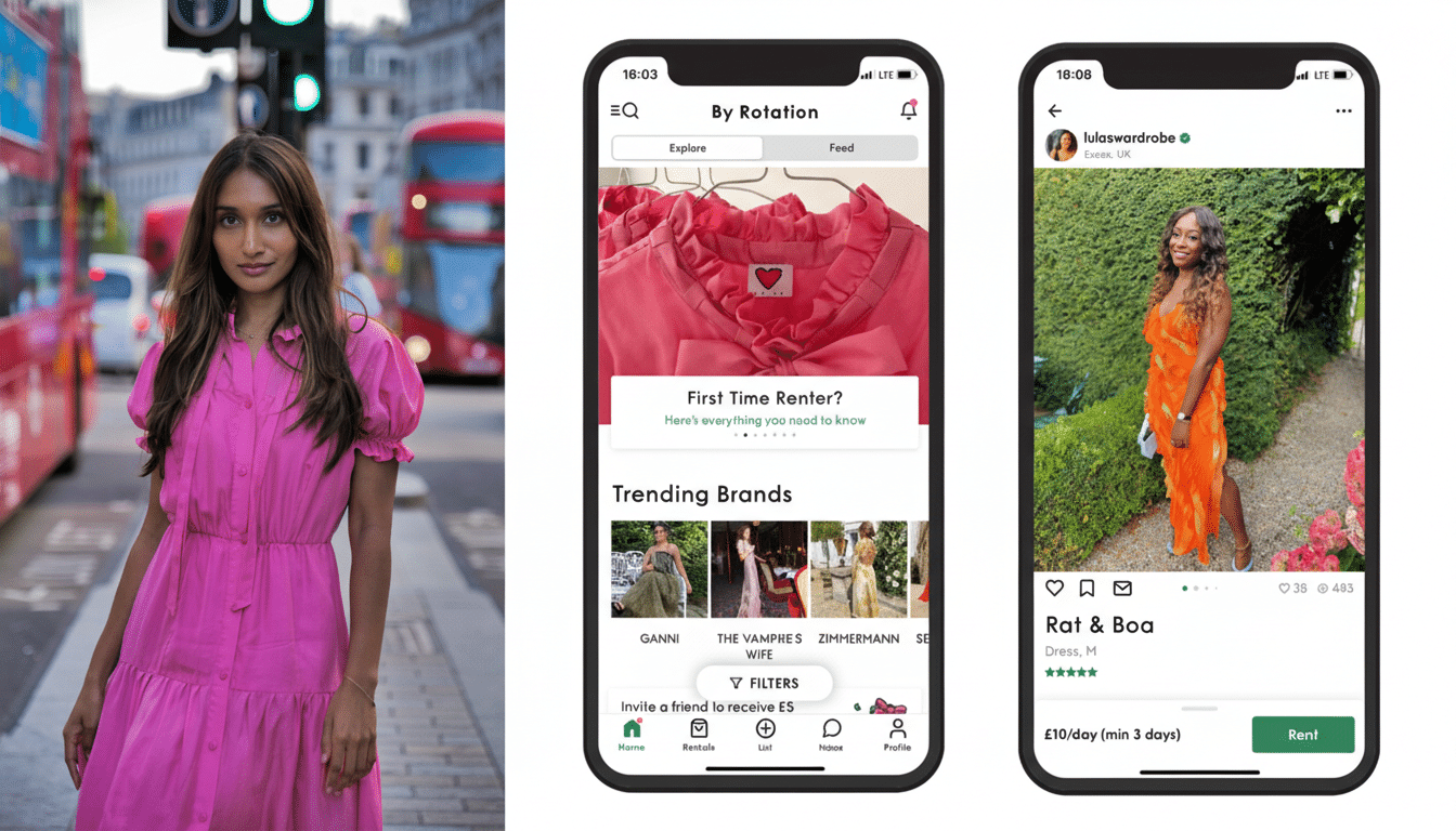 A woman in a pink dress stands on a city street next to two smartphone screens displaying fashion rental app interfaces.
