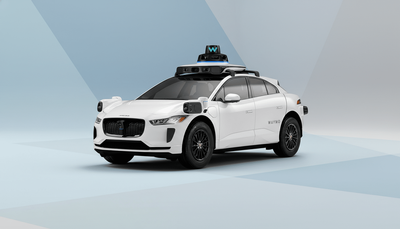 A white Waymo self-driving car, a Jaguar I-PACE, is shown from a front-quarter angle against a professional flat design background with soft blue and gray geometric patterns.