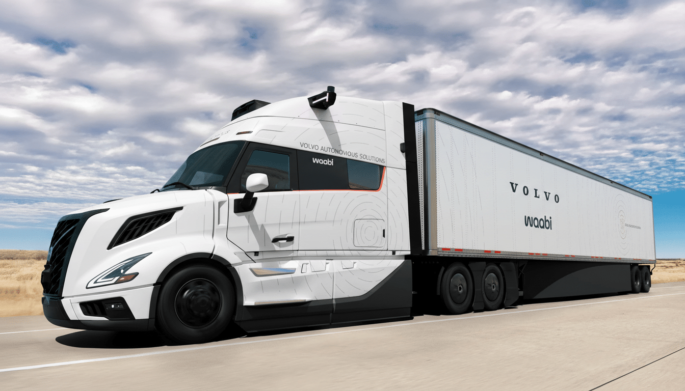 A white Volvo autonomous truck with a Waabi logo on its side, driving on a highway under a partly cloudy sky.