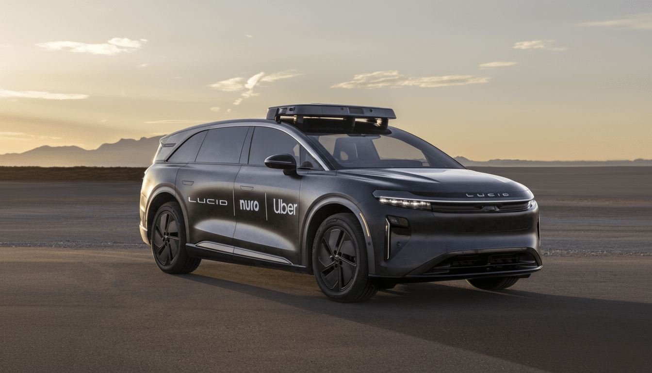 A dark gray Lucid Air electric vehicle with Lucid, Nuro, and Uber logos on its side, parked on an asphalt surface with a desert landscape and mountains in the background under a sunset sky.