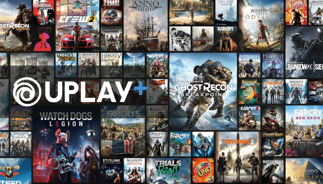 A collage of video game covers, featuring titles like Ghost Recon Breakpoint, Watch Dogs Legion, Far Cry 5, and Assassins Creed Odyssey, with the UPLAY+ logo prominently displayed in the center.