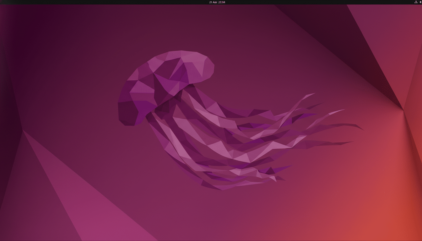 A desktop screenshot of the Ubuntu operating system with a polygonal jellyfish wallpaper.