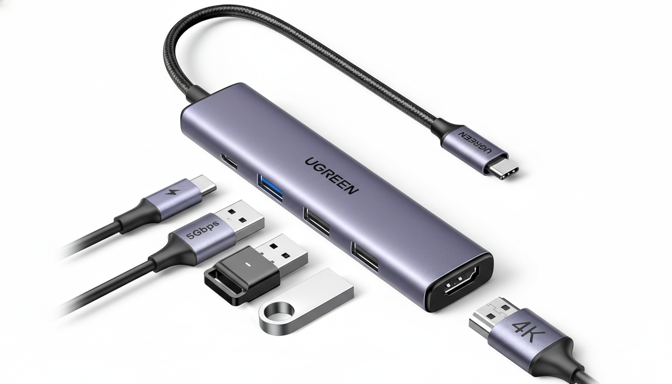 A UGREEN USB-C hub with various ports and adapters, presented on a clean white background.