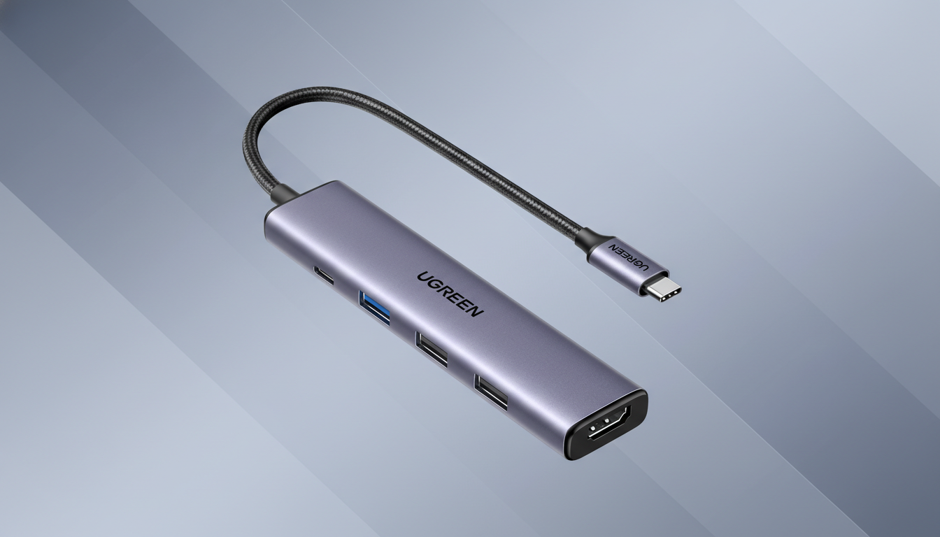 A UGREEN USB-C hub with multiple ports, including USB-A, HDMI, and an SD card slot, presented on a professional flat design background with soft gray gradients and subtle patterns.