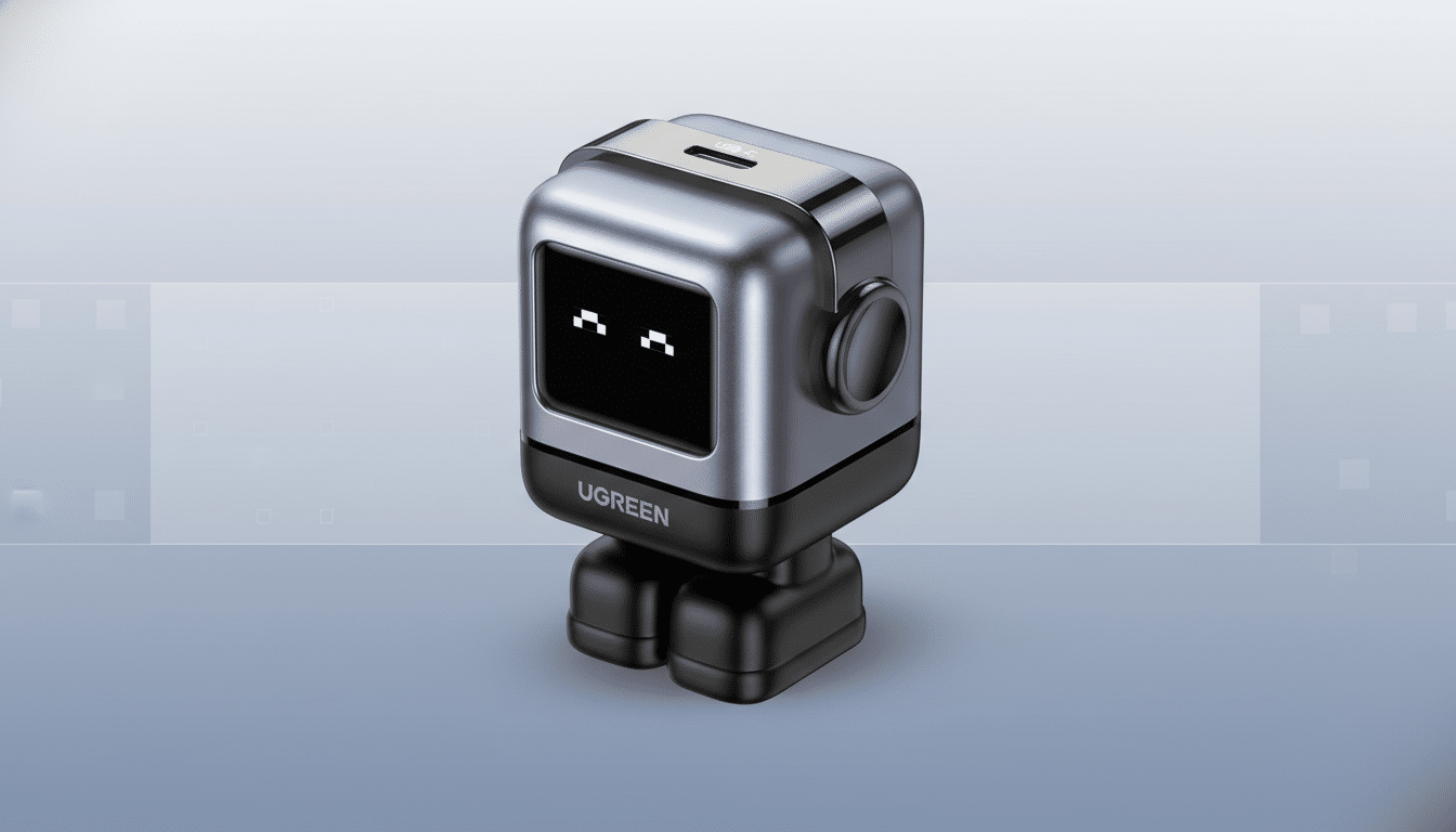 A UGREEN robot-shaped USB-C hub with a pixelated face, presented on a professional flat design background with soft blue and gray gradients and subtle geometric patterns.