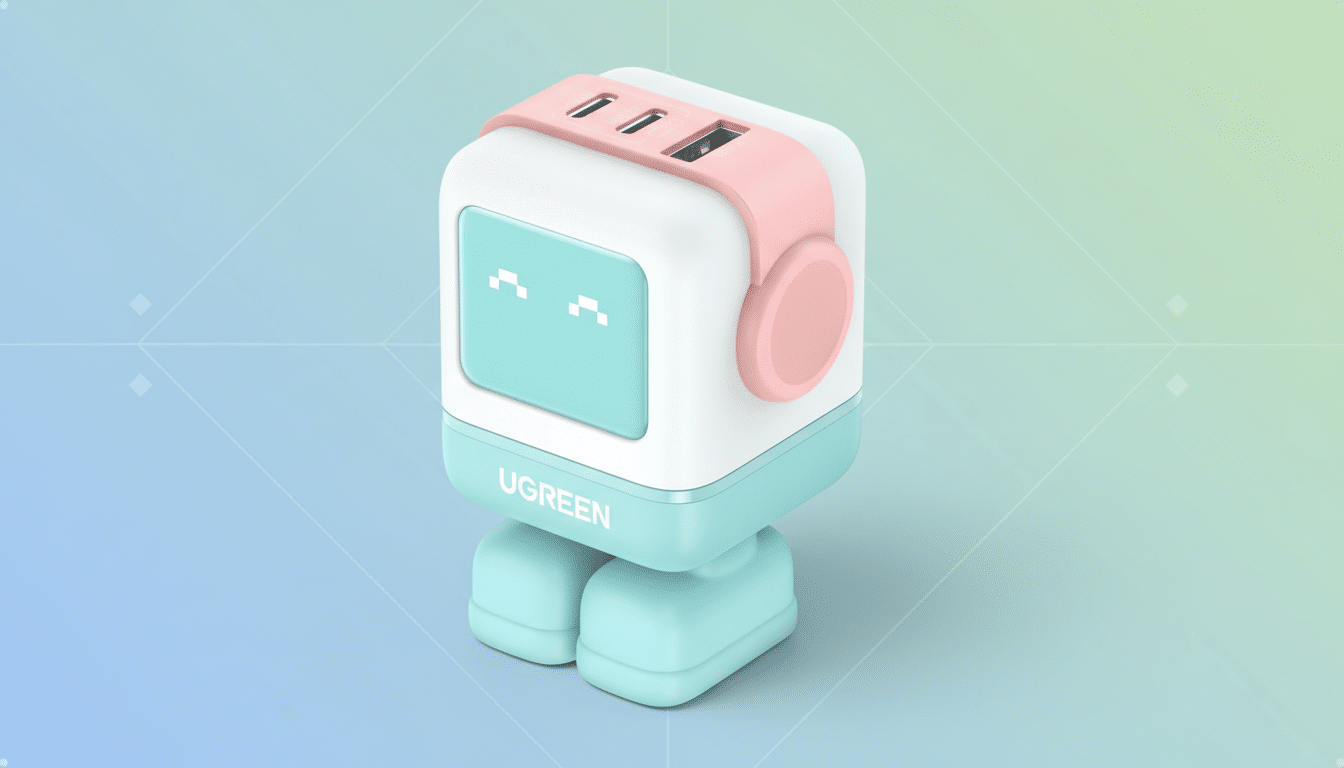 A UGREEN robot-shaped USB charger with a white body, light blue base and screen, and pink accents, set against a professional gradient background with subtle geometric patterns.
