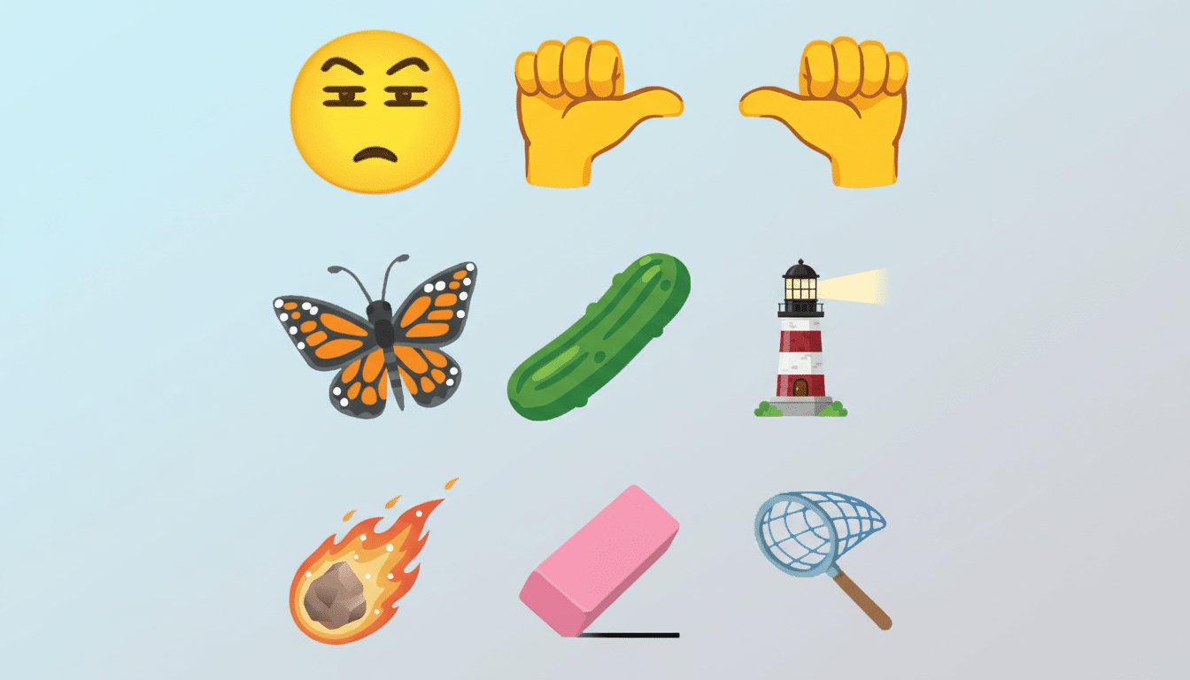 A 16:9 aspect ratio image featuring nine emojis and icons on a light blue gradient background. The top row shows a frowning face, a right-pointing thumb, and a left-pointing thumb. The middle row displays a monarch butterfly, a pickle, and a lighthouse. The bottom row includes a flaming meteor, a pink eraser, and a fishing net.