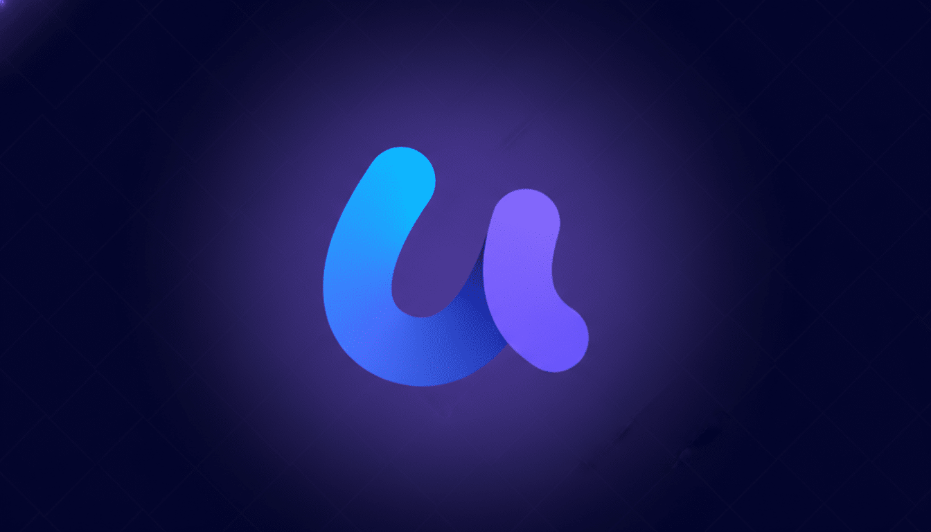 A 16:9 aspect ratio image featuring a stylized letter u in a gradient of blue and purple, centered on a dark blue background with subtle, soft patterns.