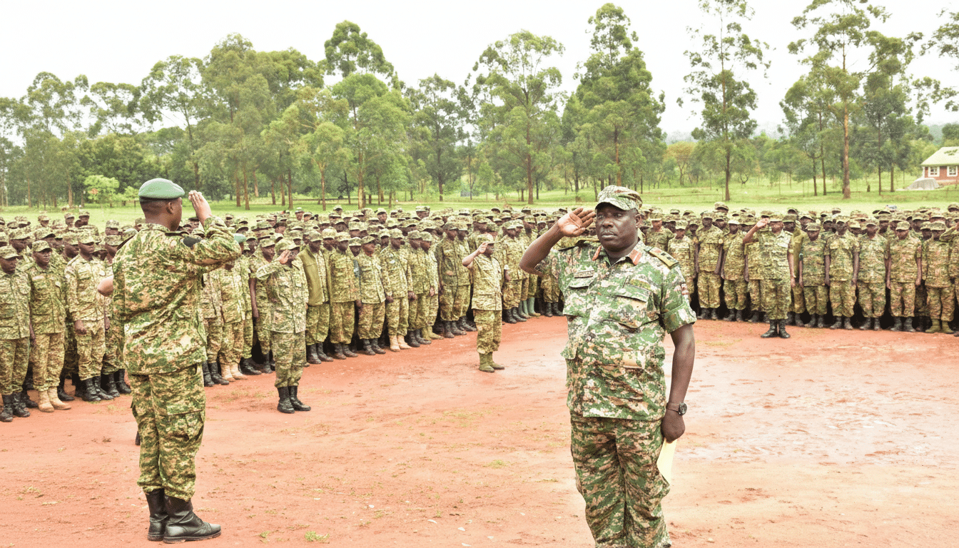 Two soldiers in camouflage uniforms salute in front of a formation of other soldiers, with trees and a building in the background.