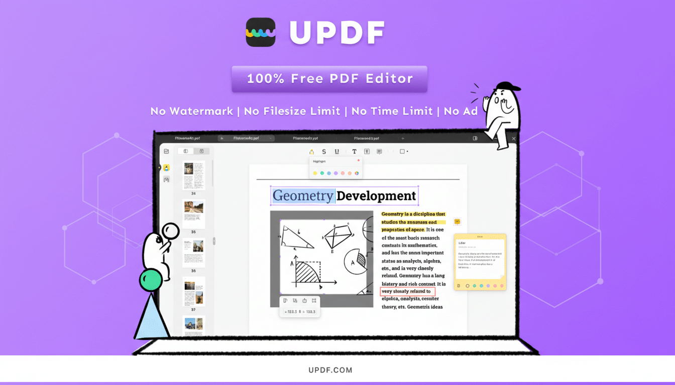 A professional, enhanced image of the UPDF PDF editor interface, resized to a 16:9 aspect ratio. The original background has been replaced with a clean, professional flat design featuring soft gradients, while the UPDF logo, text, and the application interface remain unchanged.