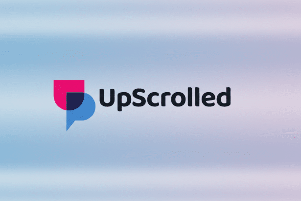The UpScrolled logo, featuring a pink and blue overlapping speech bubble icon next to the word UpScrolled in dark gray, presented on a soft gradient background of light blue and pink.