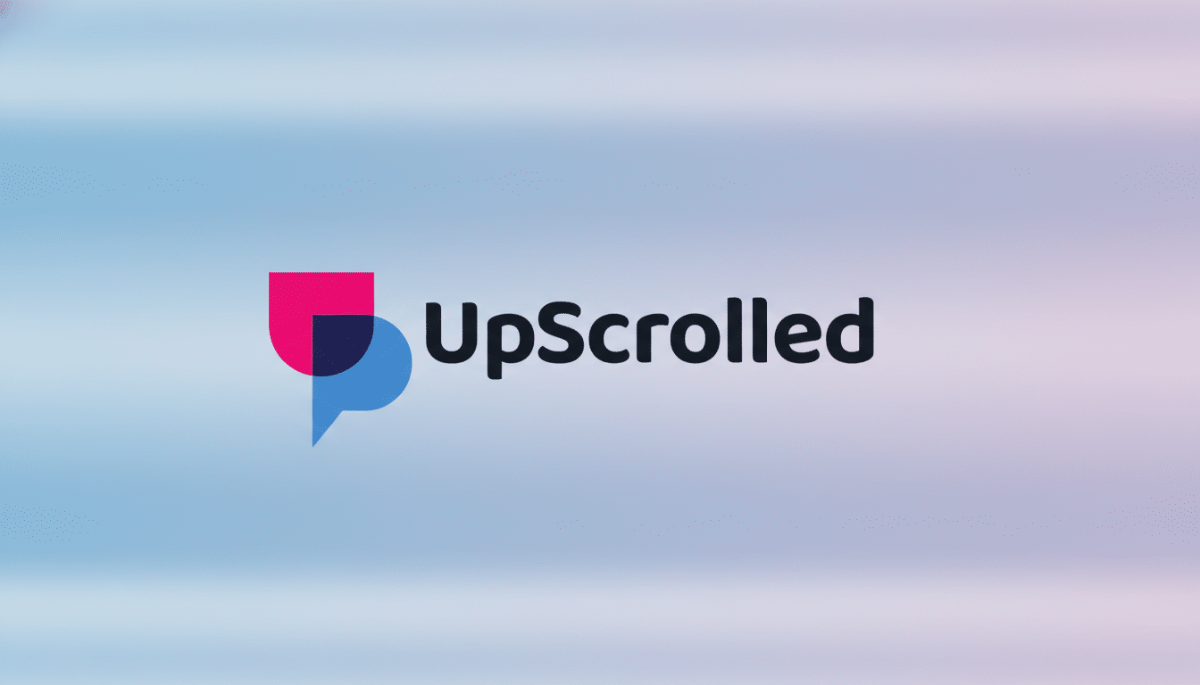 The UpScrolled logo, featuring a pink and blue overlapping speech bubble icon next to the word UpScrolled in dark gray, presented on a soft gradient background of light blue and pink.