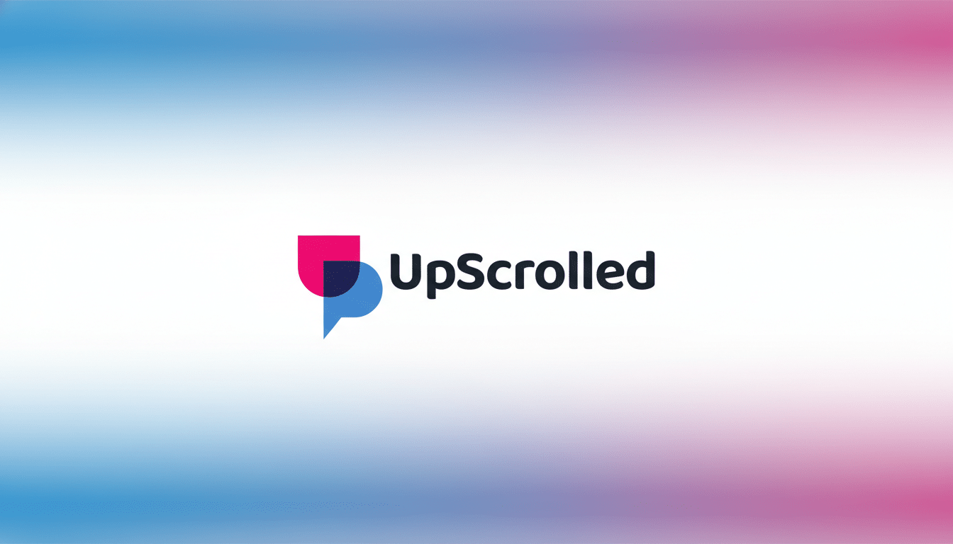 The UpScrolled logo, featuring a pink and blue overlapping speech bubble icon, and the word UpScrolled in dark gray text, presented on a professional 16:9 aspect ratio background with a subtle gradient of blue, white, and pink.