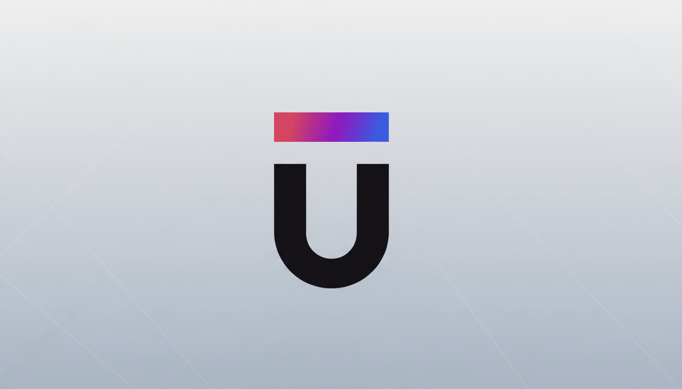 A black U shaped logo with a horizontal gradient bar in shades of red, purple, and blue above it, set against a professional light gray background with subtle diagonal patterns.
