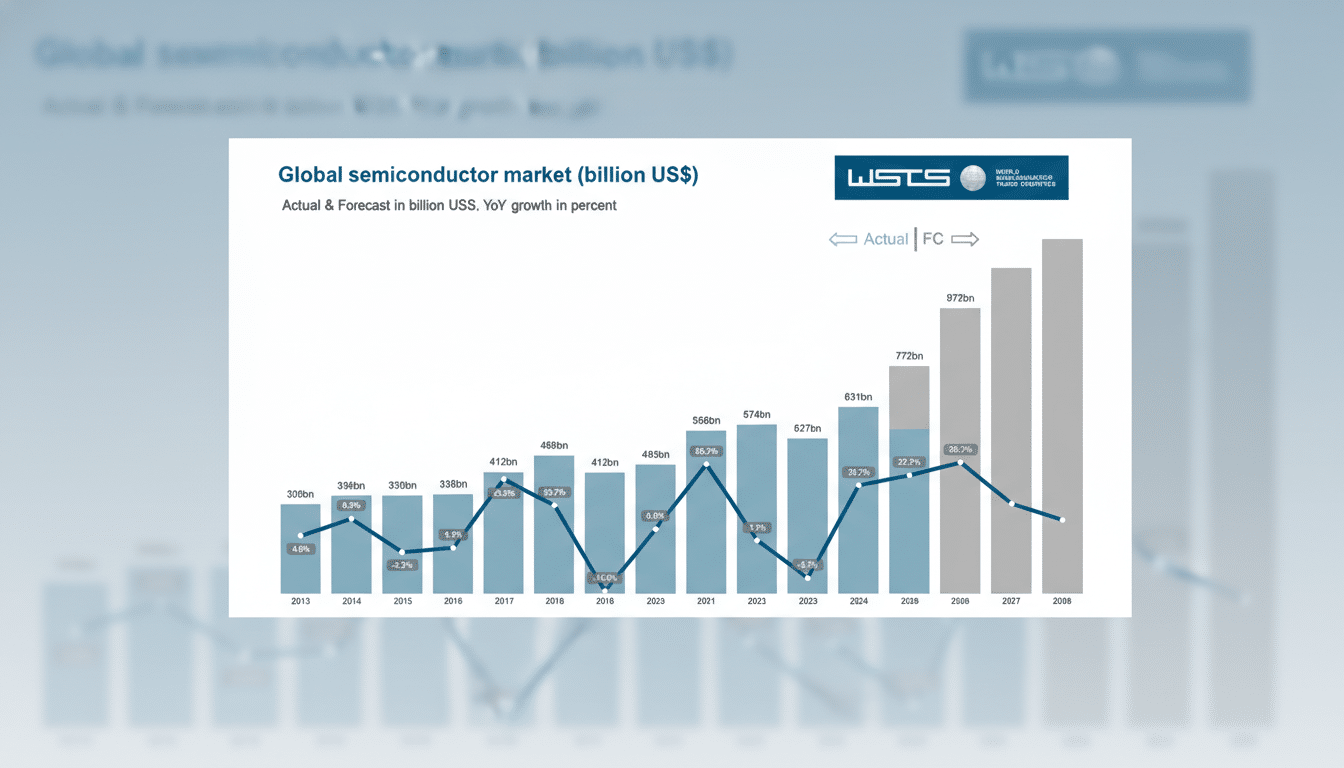 A professional chart displaying the global semiconductor market in billion US$ from 2013 to 2028, with actual and forecast data, set against a soft blue gradient background.