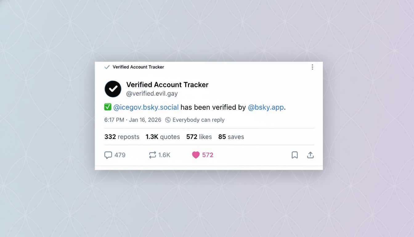 A screenshot of a social media post from Verified Account Tracker stating that @icegov.bsky.social has been verified by @bsky.app. The post shows engagement metrics and is set against a professional flat design background with soft patterns and gradients.