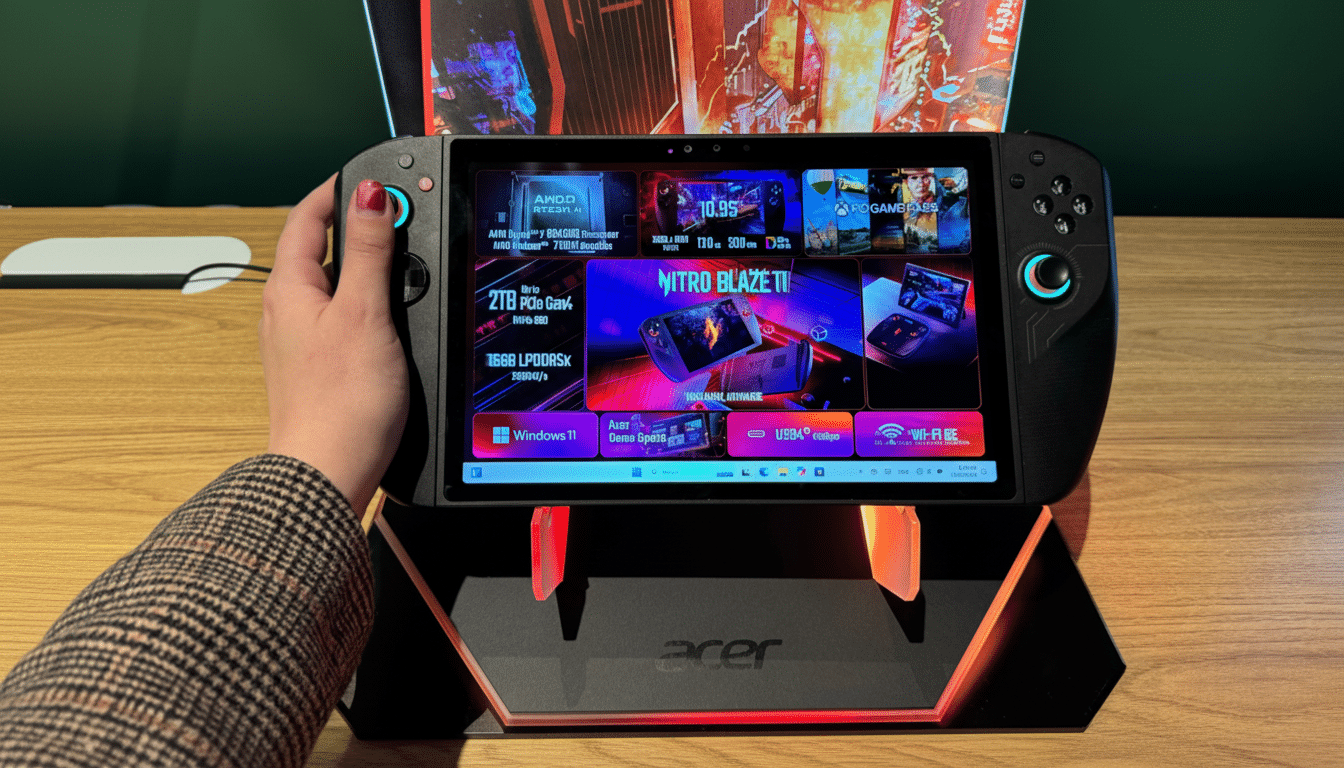 A persons hand holding a black handheld gaming device with a vibrant screen displaying various game-related information and graphics. The device is resting on a stand with an Acer logo.