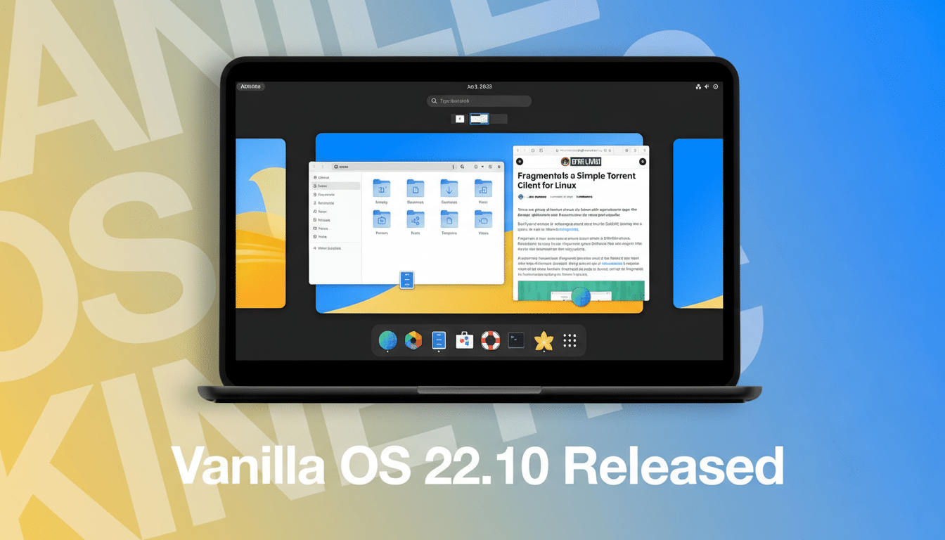 A laptop displaying the Vanilla OS 22.10 desktop environment, with a file manager and a web browser open. The background features a soft gradient from yellow to blue.