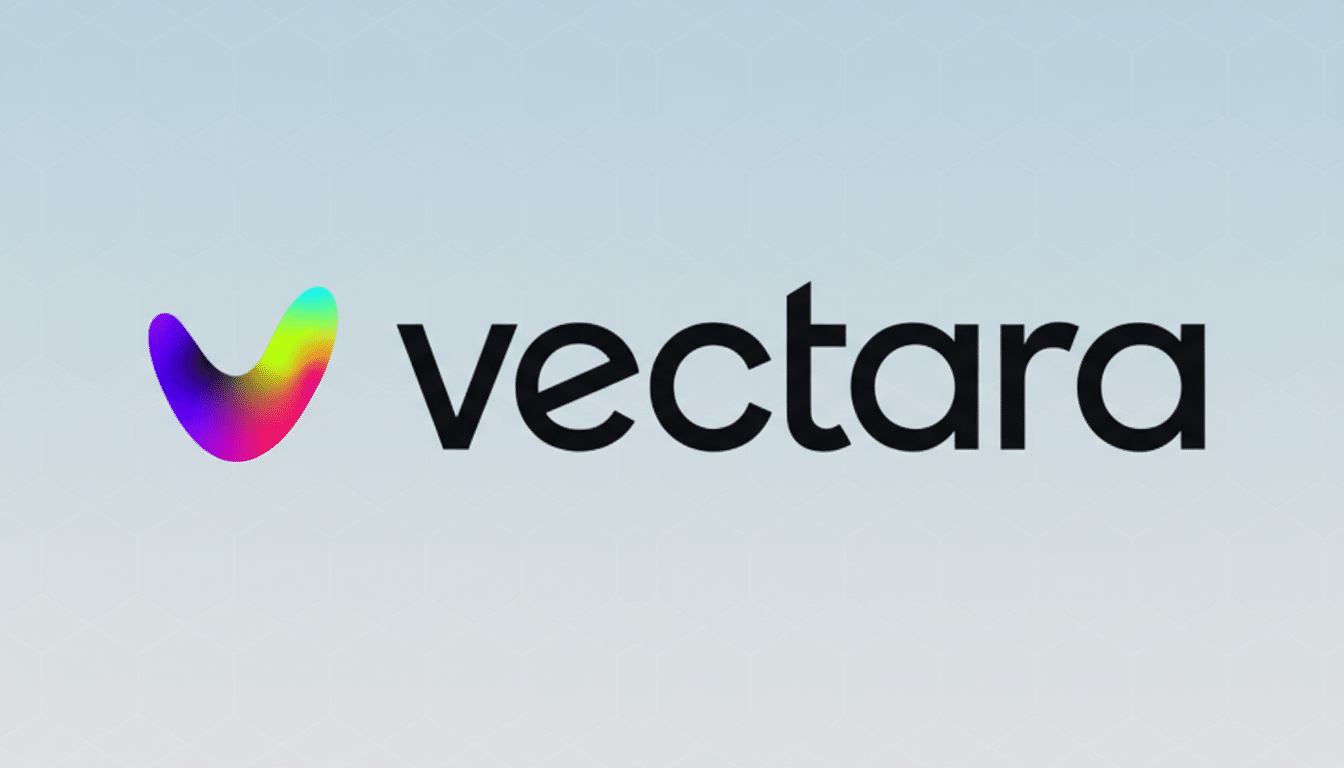 The Vectara logo, featuring a colorful, gradient checkmark icon to the left of the black text vectara, presented on a light blue background with a subtle hexagonal pattern.