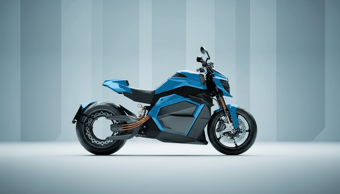 A sleek, modern blue and black electric motorcycle is presented against a professional light blue and white gradient background.
