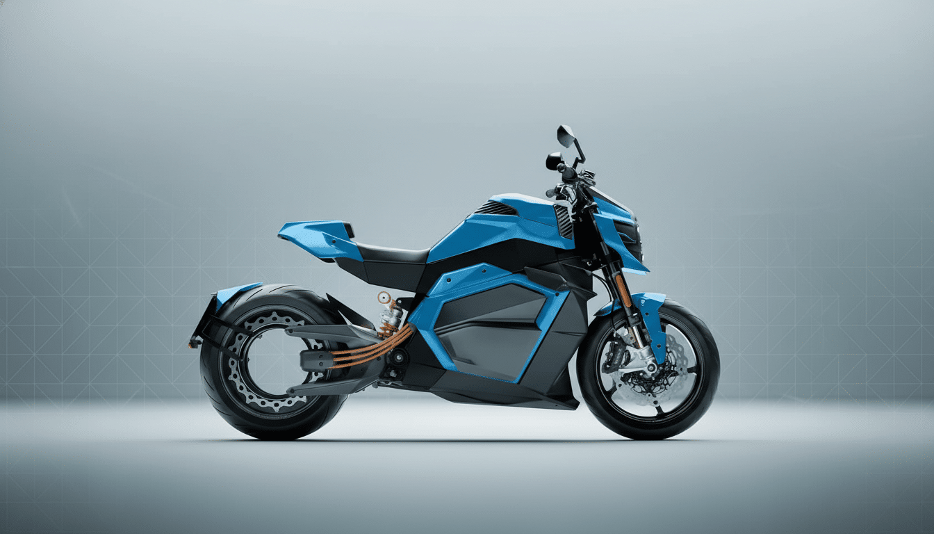 A sleek, modern blue and black electric motorcycle is presented against a professional light gray background with a subtle geometric pattern.