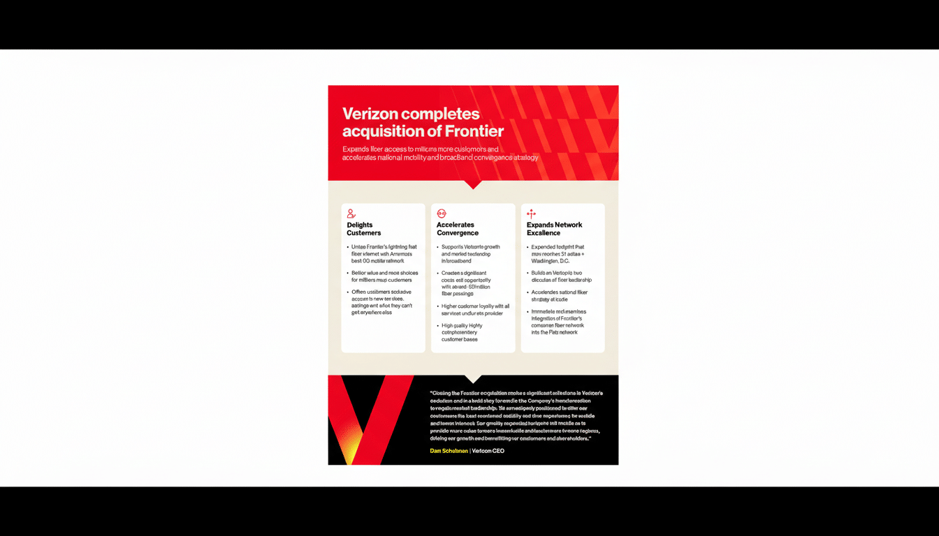 A professional presentation slide with a 16:9 aspect ratio, featuring the Verizon logo and text about their acquisition of Frontier. The slide is predominantly red and white, with three columns detailing benefits under Delights Customers, Accelerates Convergence, and Expands Network Excellence. The bottom section includes a quote from Dan Schulman, Verizon CEO, against a dark background with a large red V graphic.