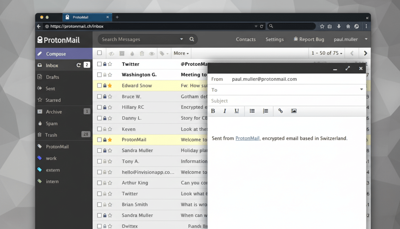 A screenshot of the ProtonMail web interface, showing an inbox with several emails and a compose window open. The image has been resized to a 16:9 aspect ratio with a professional flat design background.
