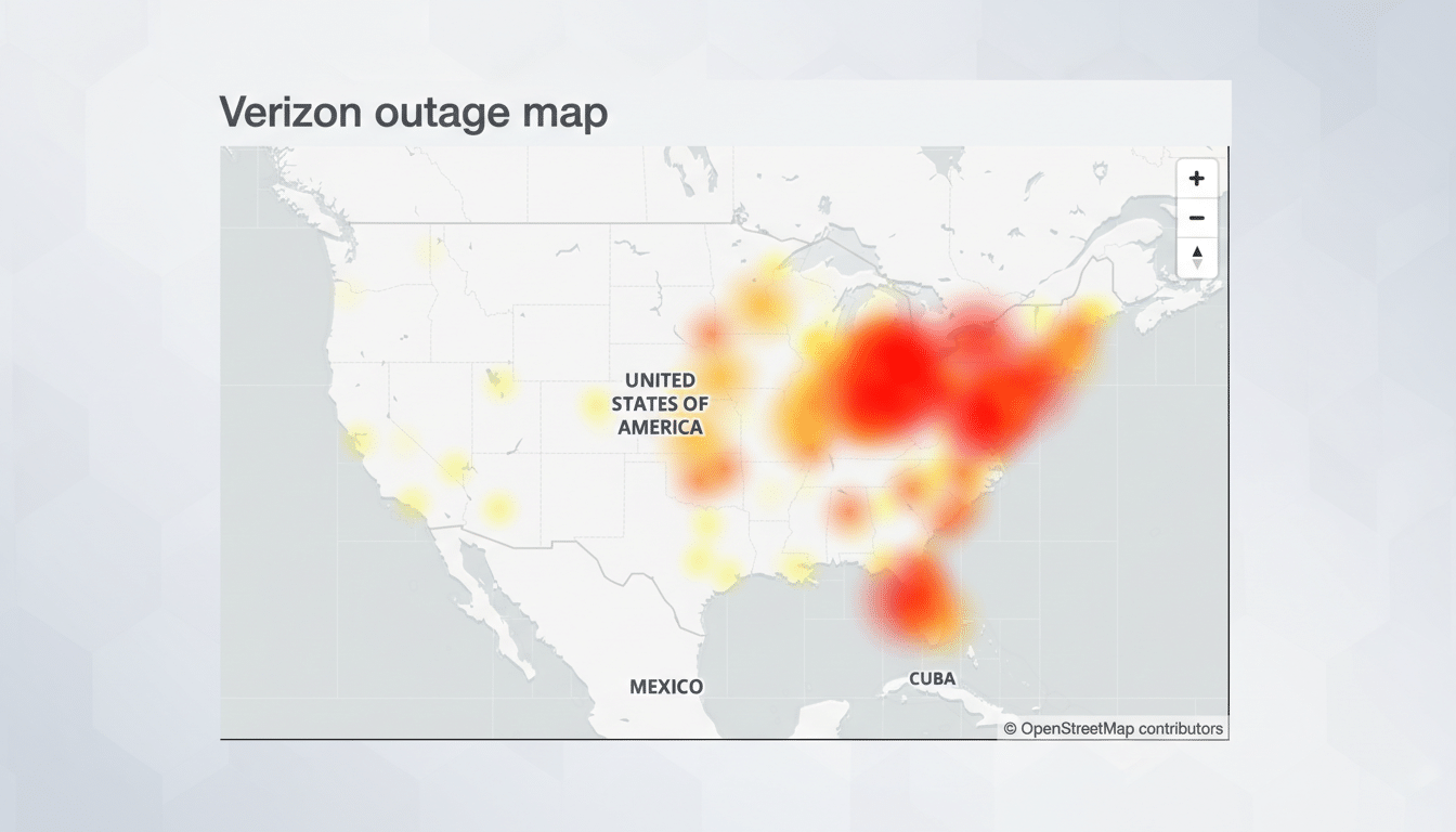 A Verizon outage map showing areas of service disruption across the United States, with significant outages highlighted in red in the northeastern and central eastern regions.