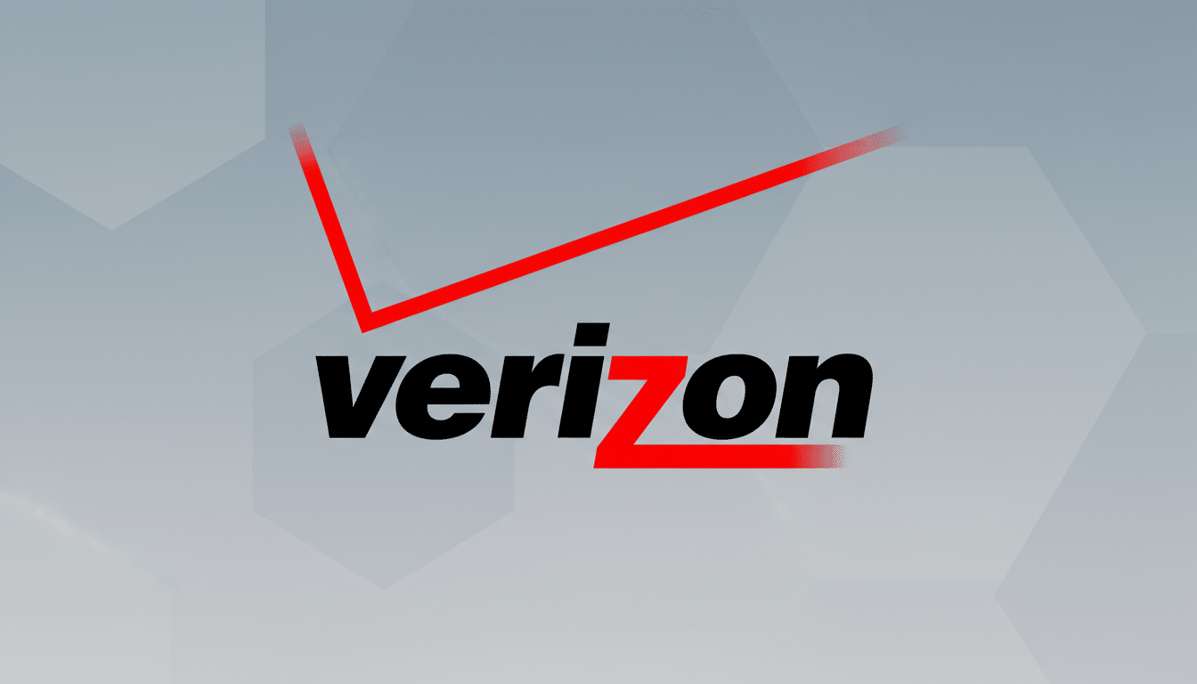The Verizon logo, featuring the word verizon in black lowercase letters with a red z and a prominent red checkmark above, set against a professional flat gray background with subtle geometric patterns.