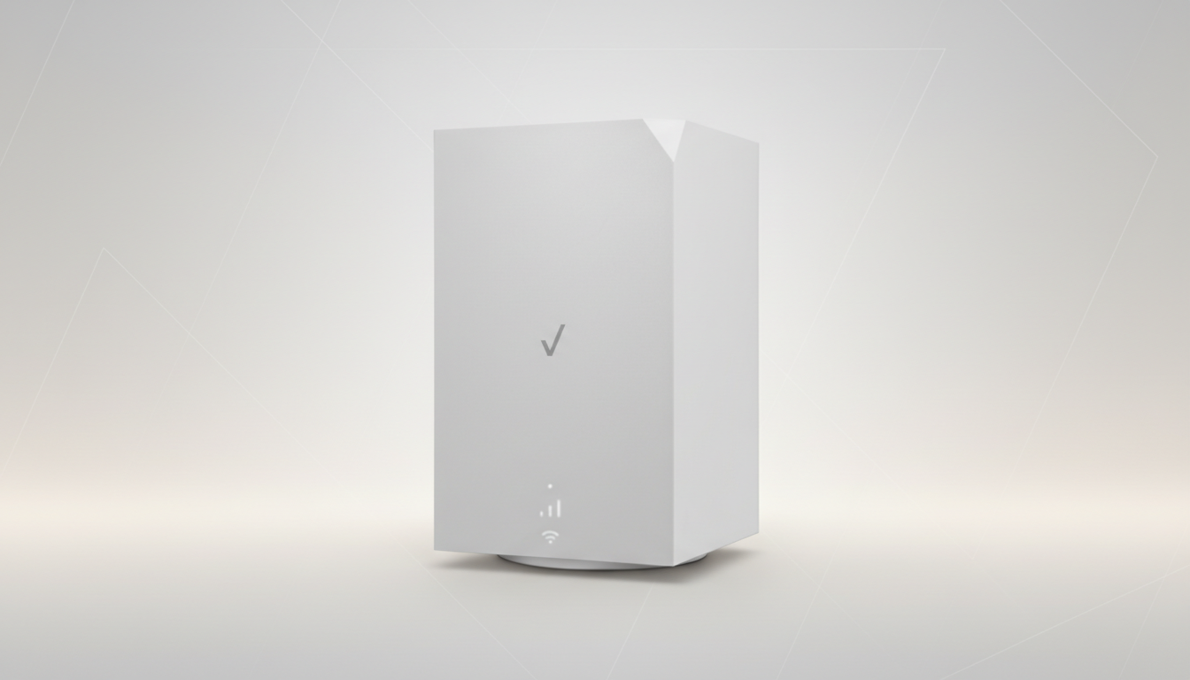 A white Verizon router with a subtle, light gray geometric pattern in the background, presented in a 16:9 aspect ratio.
