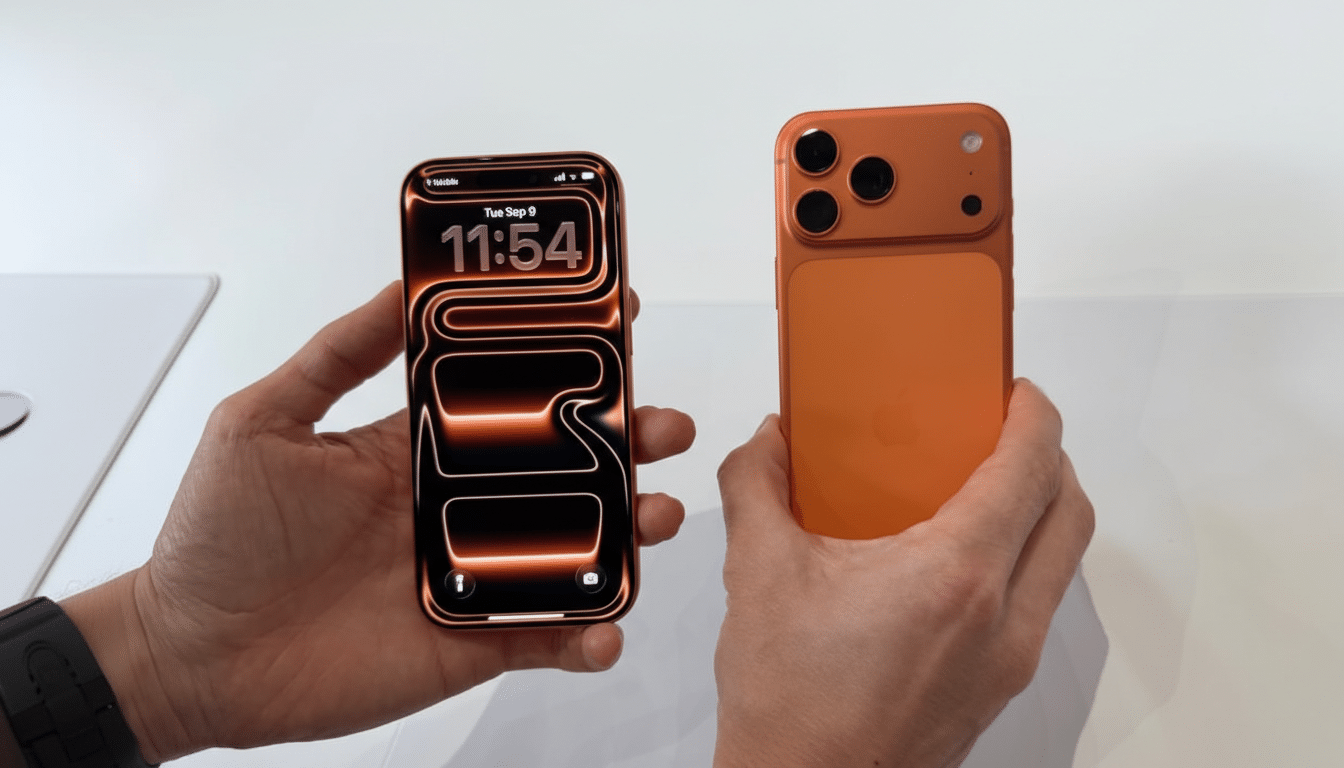 Two hands holding orange iPhones, one displaying the lock screen and the other showing the back of the phone.